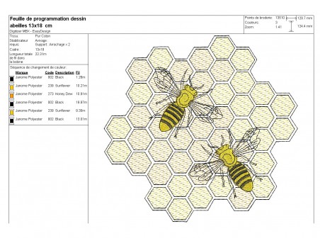 Motif de broderie machine les  abeilles sur une alvéole en mylar