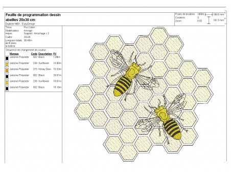 Motif de broderie machine les  abeilles sur une alvéole en mylar