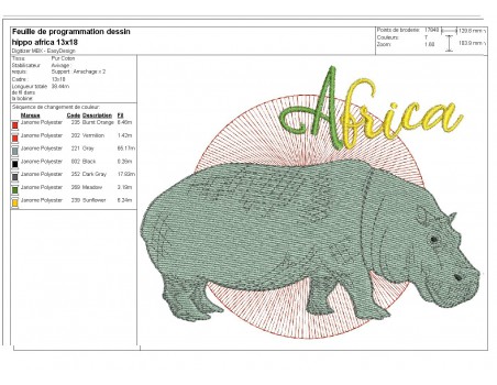 Motif de broderie machine hippopotame africa