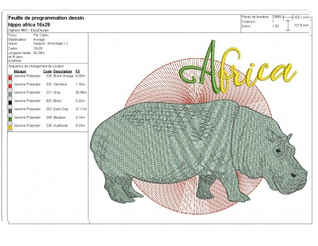 Motif de broderie machine hippopotame africa