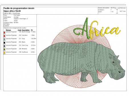 Motif de broderie machine hippopotame africa