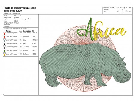 Motif de broderie machine hippopotame africa