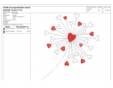 Motif de broderie machine  pissenlit coeurs