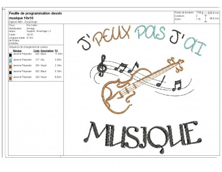 Motif de broderie machine texte j'peux pas j'ai  musique