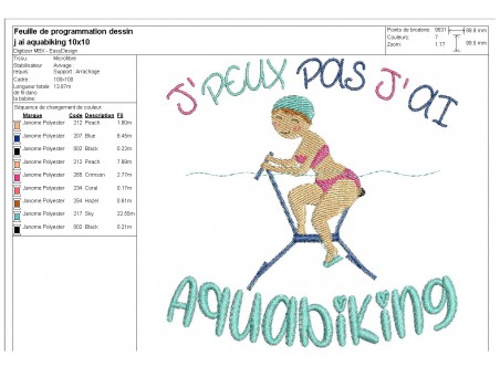 Motif de broderie machine texte j'peux pas j'ai  aquabiking