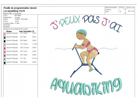 Motif de broderie machine texte j'peux pas j'ai  aquabiking