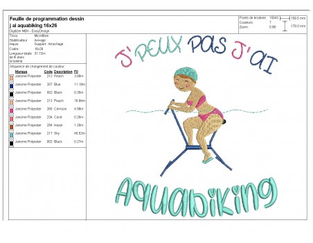 Motif de broderie machine texte j'peux pas j'ai  aquabiking