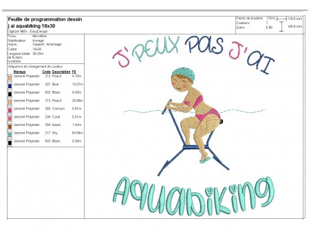 Motif de broderie machine texte j'peux pas j'ai  aquabiking