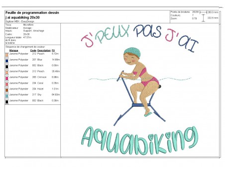 Motif de broderie machine texte j'peux pas j'ai  aquabiking