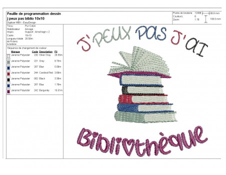 Motif de broderie machine texte j'peux pas j'ai  bibliothèque