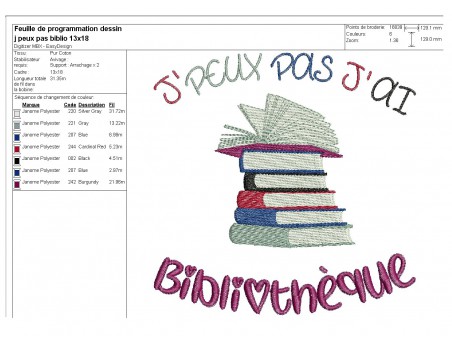 Motif de broderie machine texte j'peux pas j'ai  bibliothèque