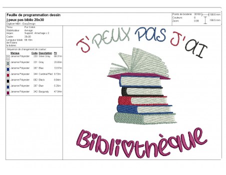 Motif de broderie machine texte j'peux pas j'ai  bibliothèque