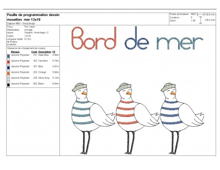 Motif de broderie machine mouettes  bord de mer