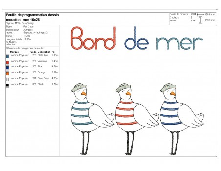 Motif de broderie machine mouettes  bord de mer