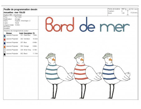 Motif de broderie machine mouettes  bord de mer