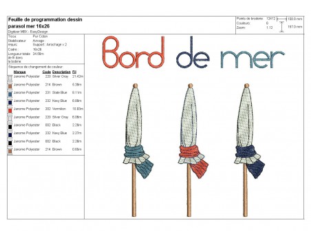 Motif de broderie machine parasols  bord de mer