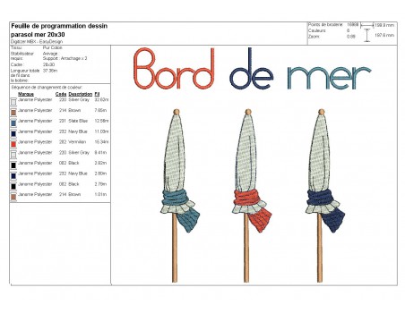 Motif de broderie machine parasols  bord de mer