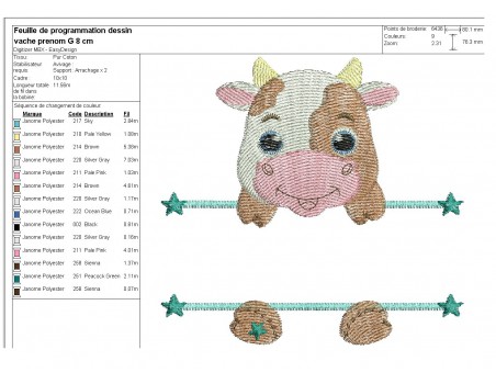 Motif de broderie machine vache prénom garçon