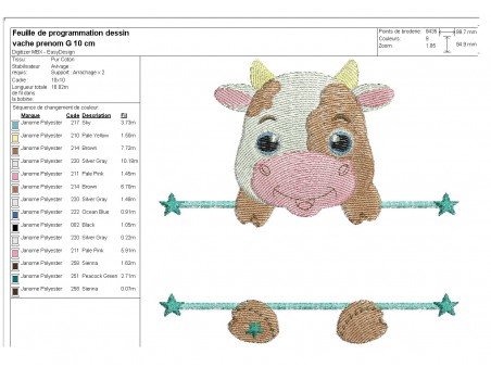 Motif de broderie machine vache prénom garçon