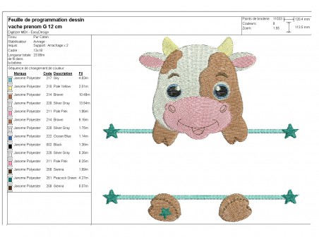 Motif de broderie machine vache prénom garçon