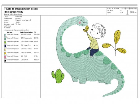 Motif de broderie machine garçon et dinosaure