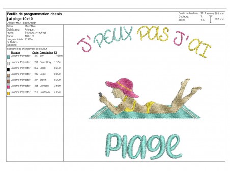 Motif de broderie machine texte j'peux pas j'ai  plage