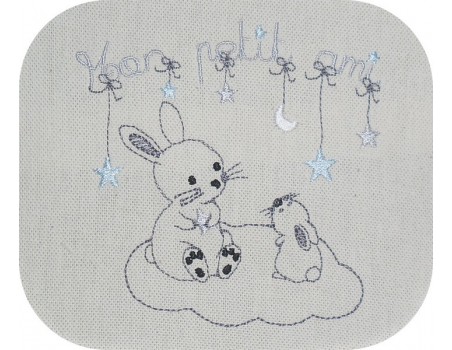 Motif de broderie machine  petits lapins sur un nuage