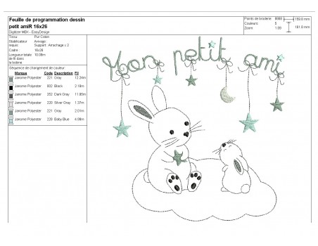 Motif de broderie machine  petits lapins sur un nuage