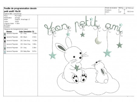 Motif de broderie machine  petits lapins sur un nuage