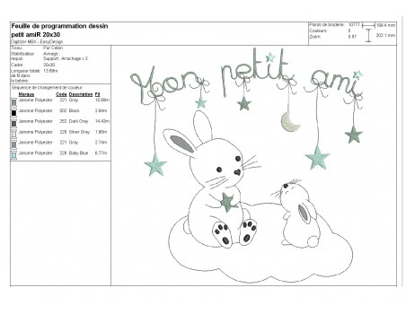 Motif de broderie machine  petits lapins sur un nuage