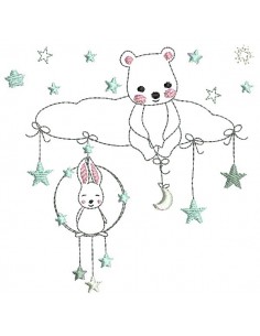 Motif de broderie machine  petit lapin et l'ourson sur un nuage