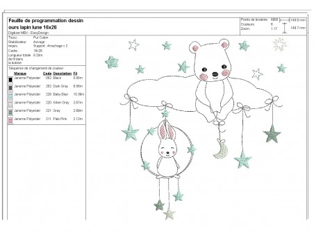 Motif de broderie machine  petit lapin et l'ourson sur un nuage