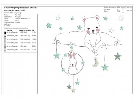 Motif de broderie machine  petit lapin et l'ourson sur un nuage