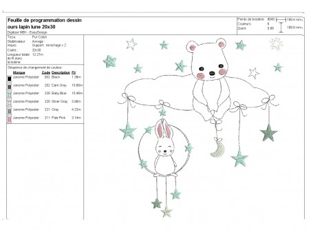 Motif de broderie machine  petit lapin et l'ourson sur un nuage