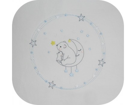 Motif de broderie machine  petit lapin et l'ourson sur la lune