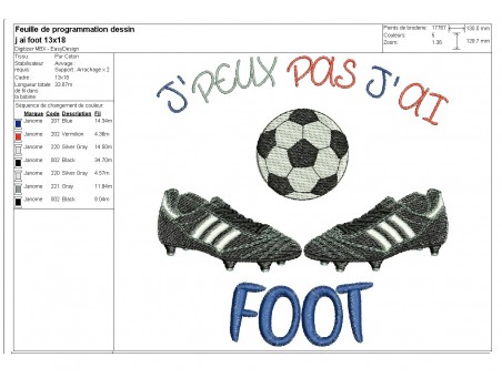 Motif de broderie machine j'peux pas j'ai  foot