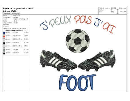 Motif de broderie machine j'peux pas j'ai  foot