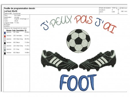 Motif de broderie machine j'peux pas j'ai  foot