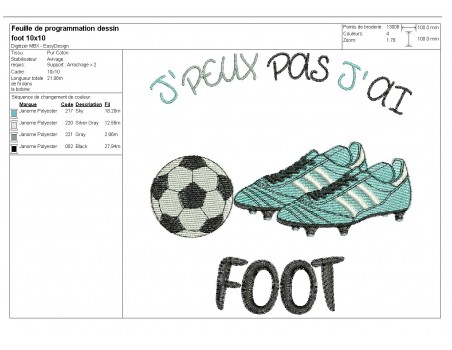 Motif de broderie machine j'peux pas j'ai  foot