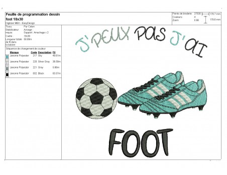 Motif de broderie machine j'peux pas j'ai  foot