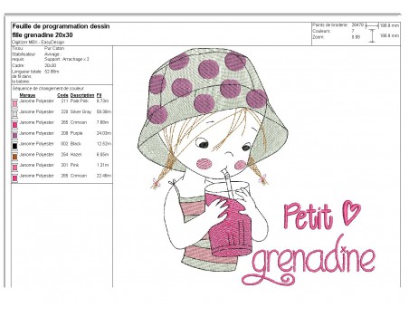 Motif de broderie machine petite fille buvant une grenadine