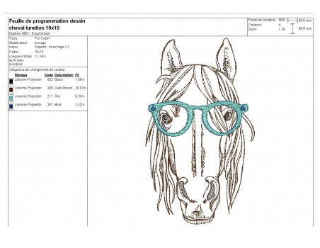 Motif de broderie machine cheval avec lunettes
