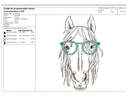 Motif de broderie machine cheval avec lunettes