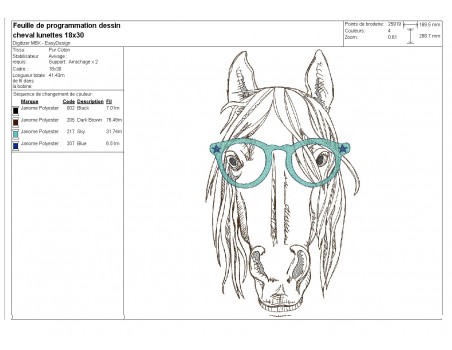 Motif de broderie machine cheval avec lunettes