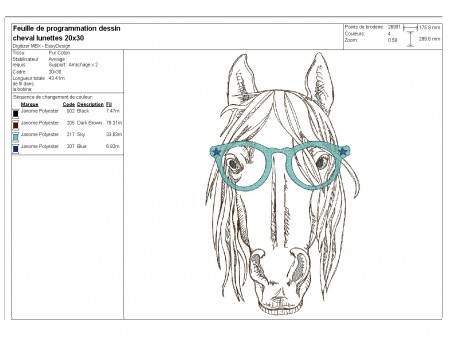 Motif de broderie machine cheval avec lunettes