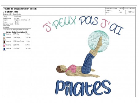 Motif de broderie machine j'peux pas j'ai  pilates