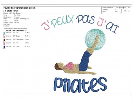 Motif de broderie machine j'peux pas j'ai  pilates