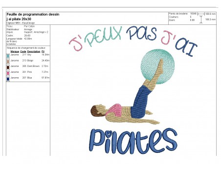 Motif de broderie machine j'peux pas j'ai  pilates