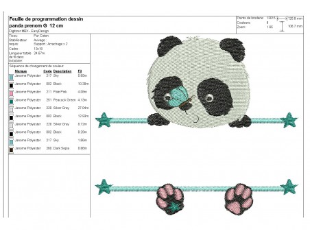 Motif de broderie machine  panda prénom garçon