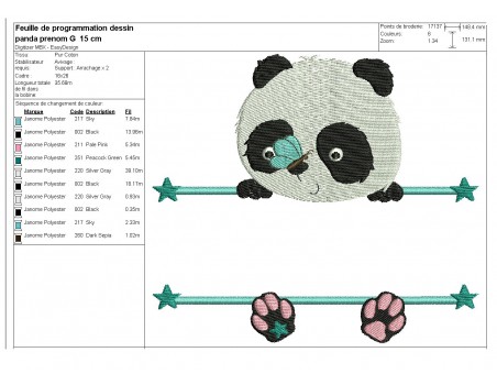 Motif de broderie machine  panda prénom garçon